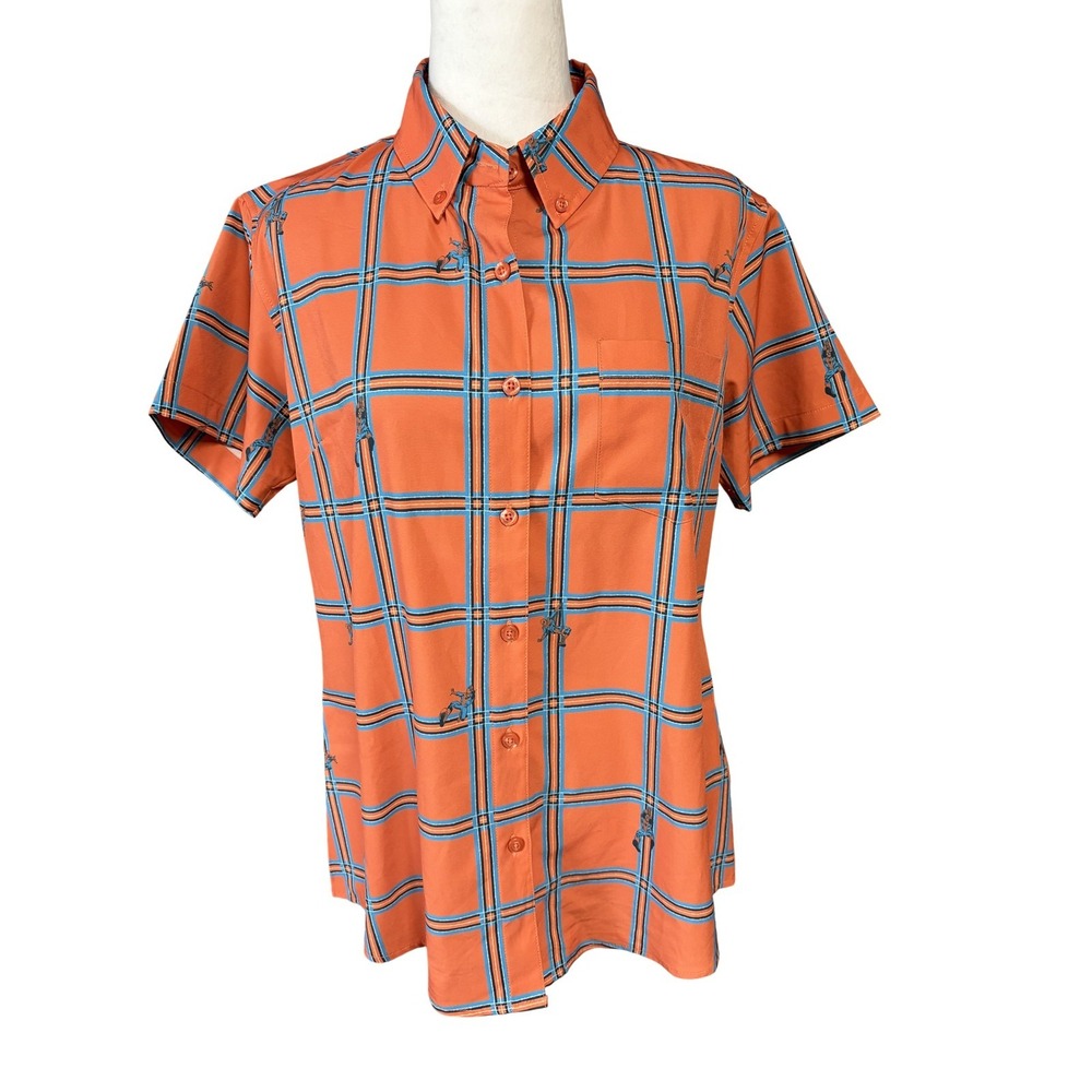 Marvel RSVLTS Shirt Womens M Orange Spider-Man Plaid Comic KUNUFLEX Button Up